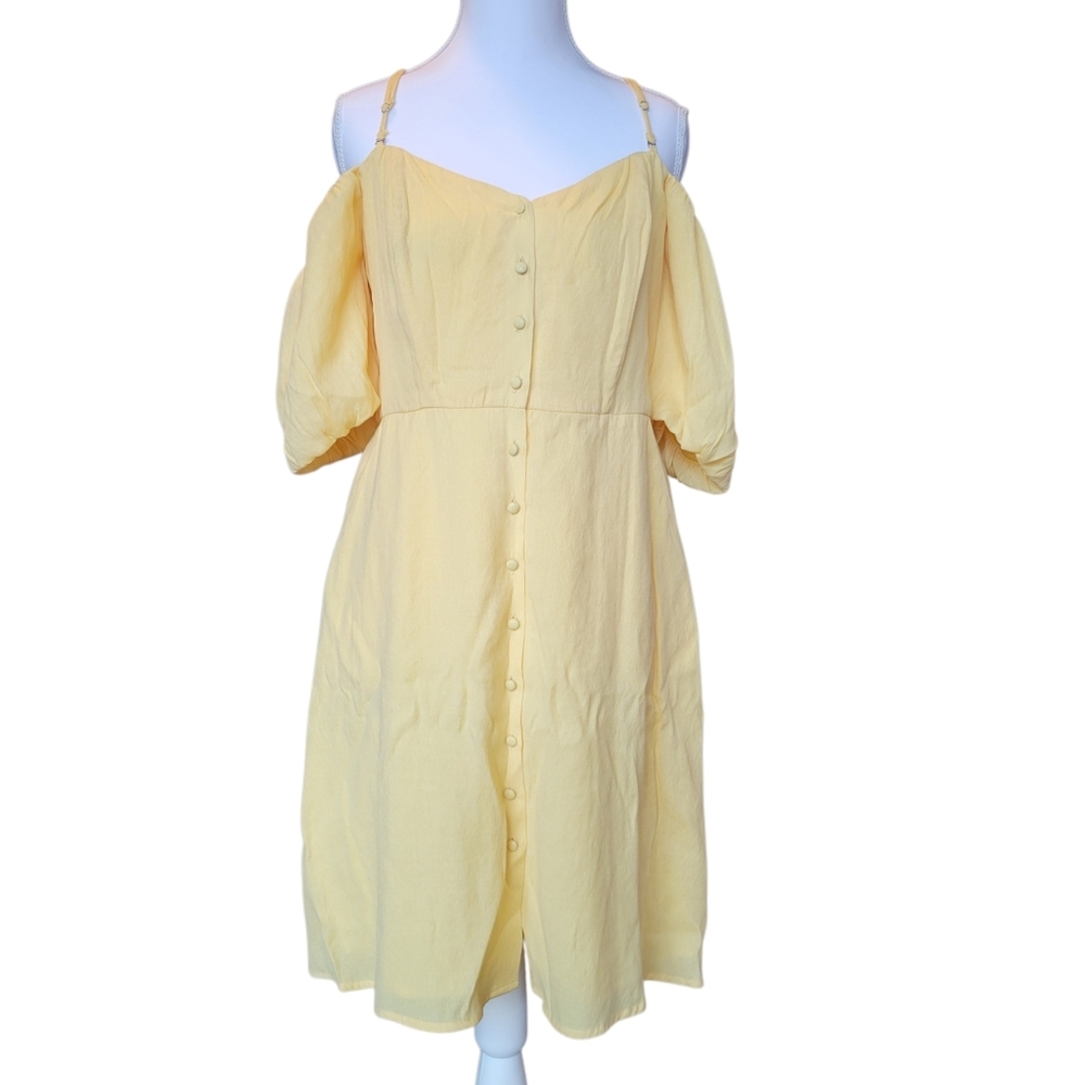 Lumière Yellow Off Shoulder Sleeve Button Down Front Midi Dress
